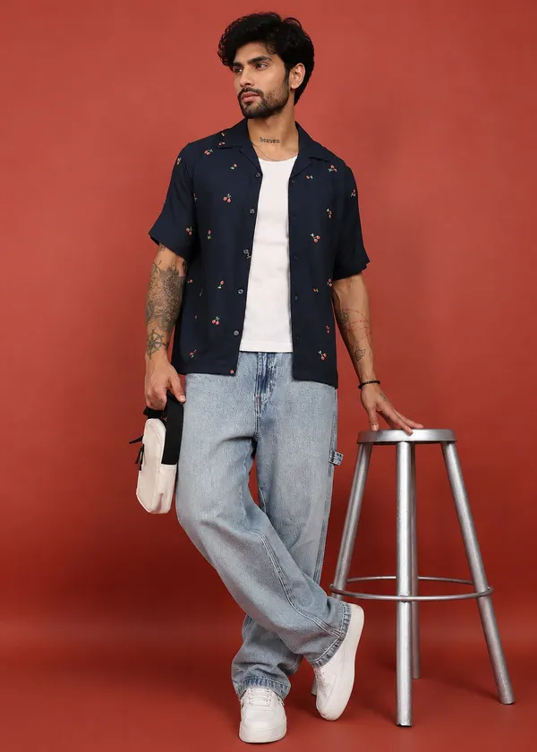Navy_Blue_Cherry_Printed_Short_Sleeve_Casual_Shirt_for_Men