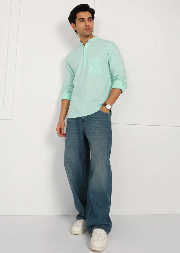 Light_Green_Linen_Mandarin_Collar_Short_Kurta_for_Men