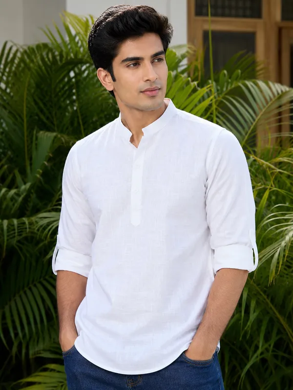 White___Mandarin_Collar_Short_Kurta_for_Men