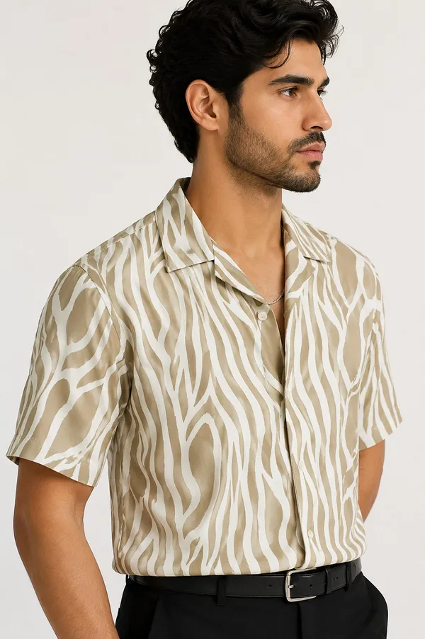 Beige_And_White_Wavy_Striped_Short_Sleeve_Shirt_For_Men