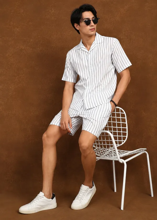 White_Striped___Shirt_And_Shorts_Co-Ord_Set_For_Men