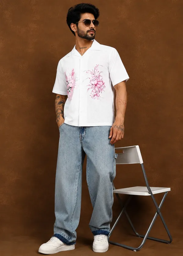 White_Floral_Printed_Short_Sleeve_Shirt_for_Men