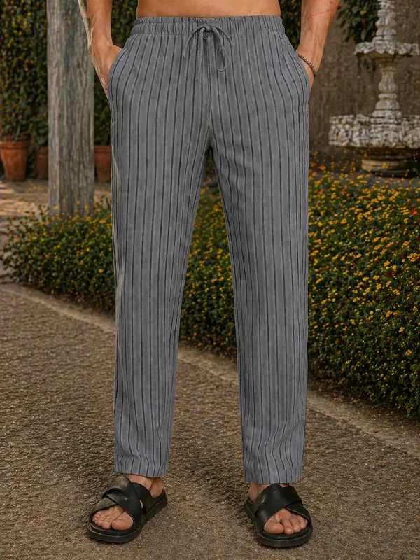 Grey_Striped_Drawstring_Casual_Trousers_for_Men