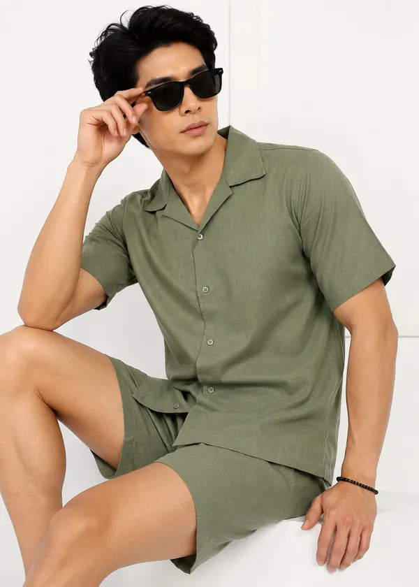 Olive_Green___Short_Sleeve_Shirt_And_Shorts_Set_For_Men