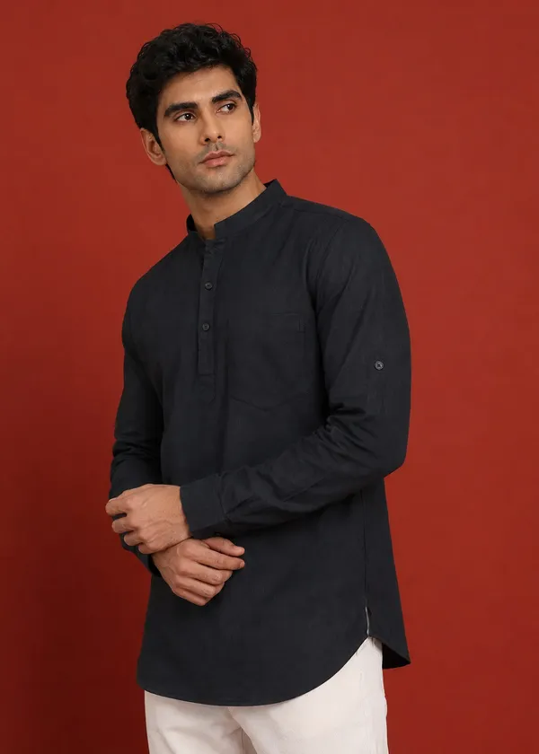 Black___Mandarin_Collar_Long_Sleeve_Kurta_for_Men