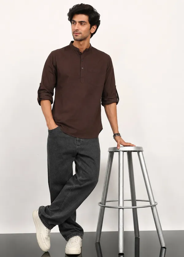 Brown___Mandarin_Collar_Short_Kurta_for_Men
