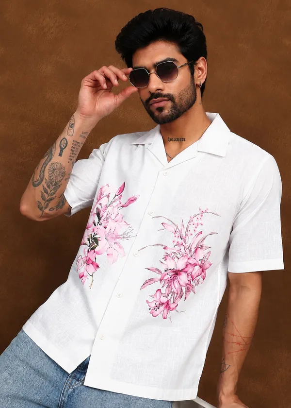 White_Floral_Printed_Short_Sleeve_Shirt_for_Men