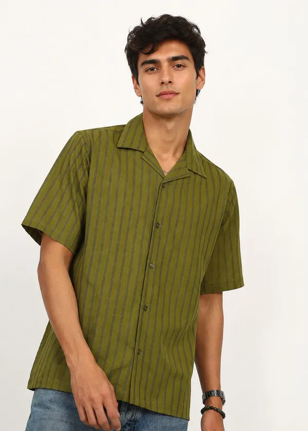 Olive_Green_Striped_Short_Sleeve_Shirt_for_Men