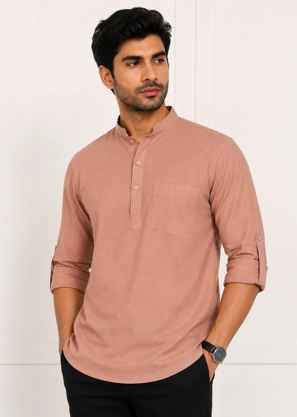 Peach___Mandarin_Collar_Long_Sleeve_Kurta_for_Men