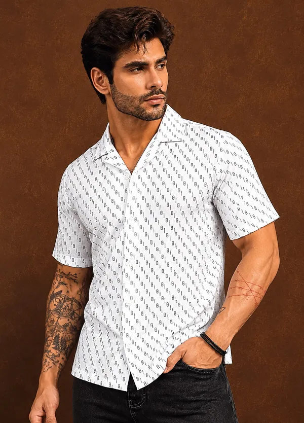 White_Printed_Short_Sleeve_Casual_Shirt_for_Men