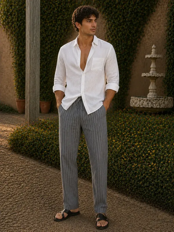 Grey_Striped_Drawstring_Casual_Trousers_for_Men