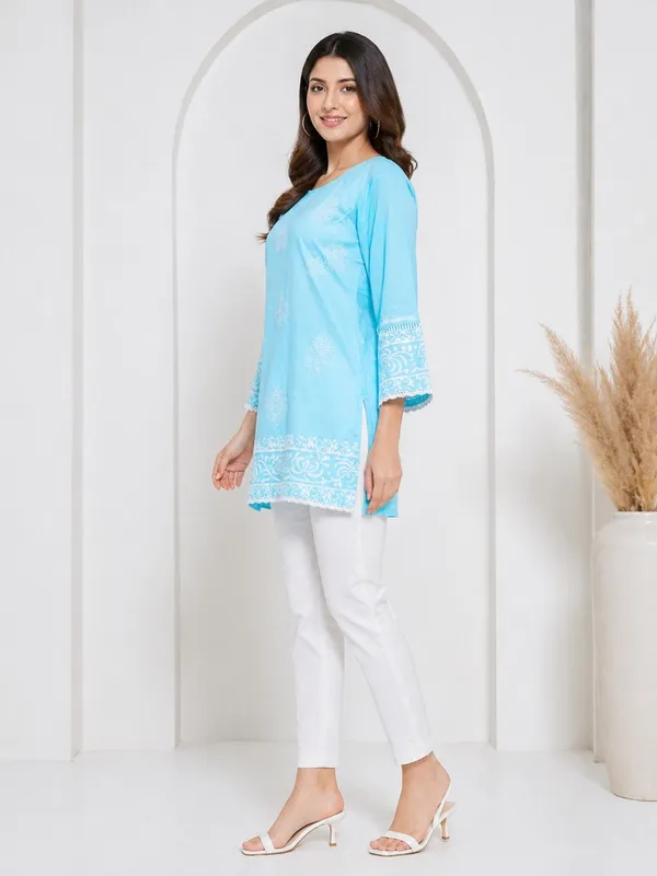 Sky_Blue_Printed__Short_Kurti_for_Women
