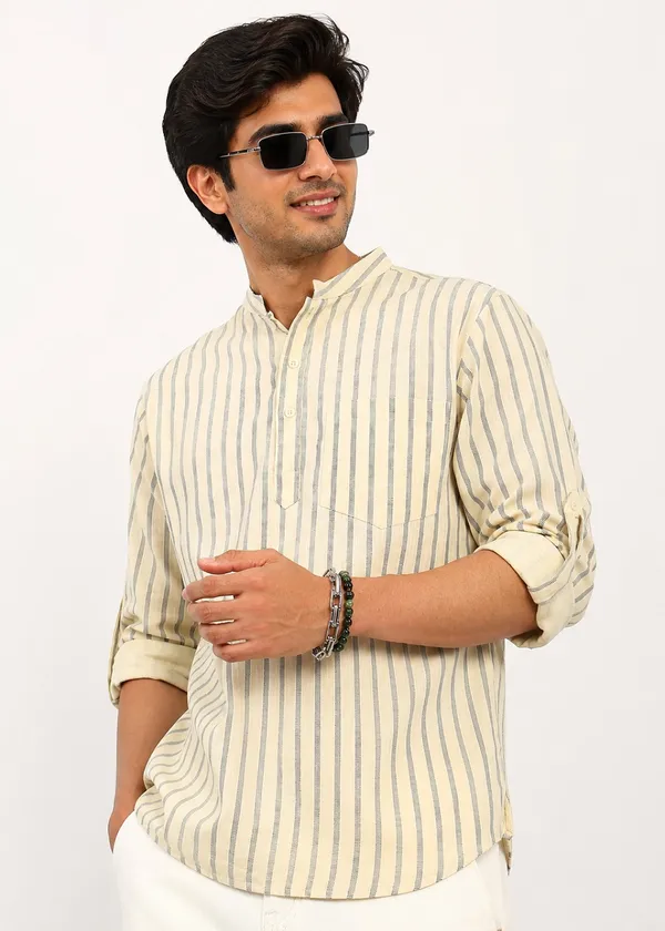 Beige_Black_Striped___Mandarin_Collar_Kurta_for_Men