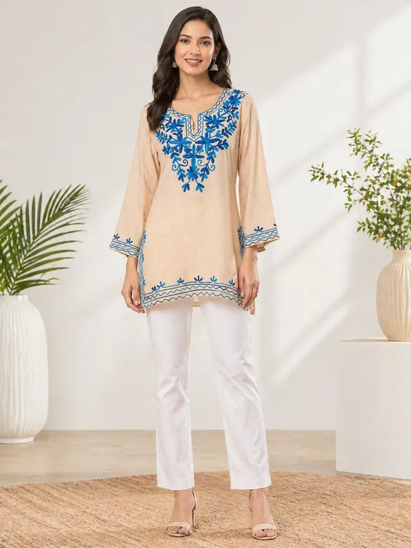 Beige_printed_Short_Kurti__For_Women