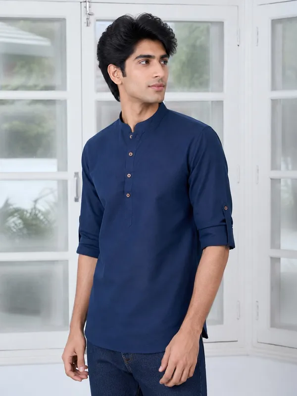Navy_Blue___Mandarin_Collar_Short_Kurta_for_Men