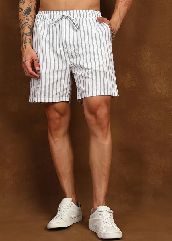White_And_Grey_Striped_Drawstring_Shorts_For_Men