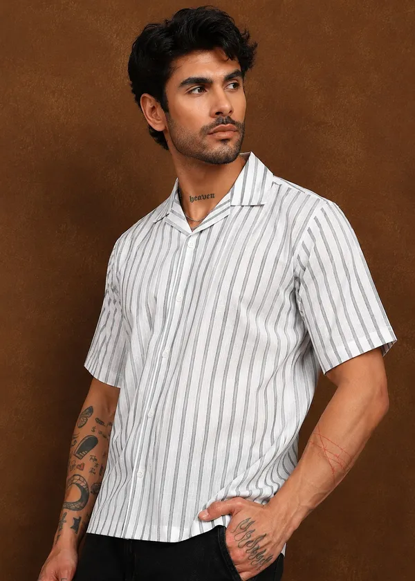 White_Grey_Striped_Short_Sleeve_Casual_Shirt_for_Men