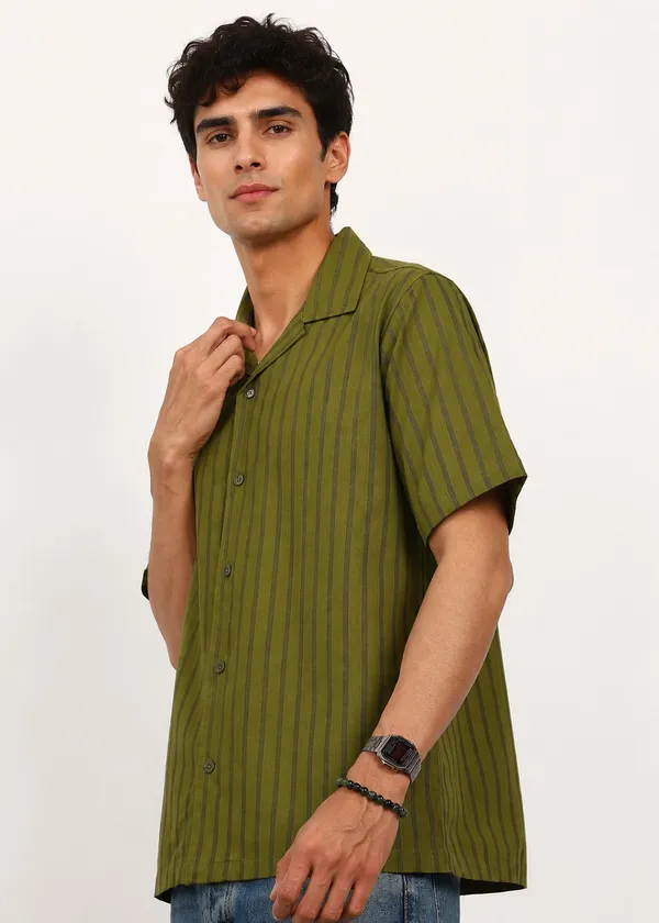 Olive_Green_Striped_Short_Sleeve_Shirt_for_Men
