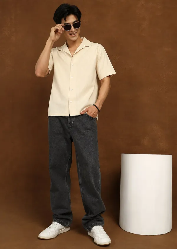 Beige_Linen_Short_Sleeve_Casual_Shirt_for_Men