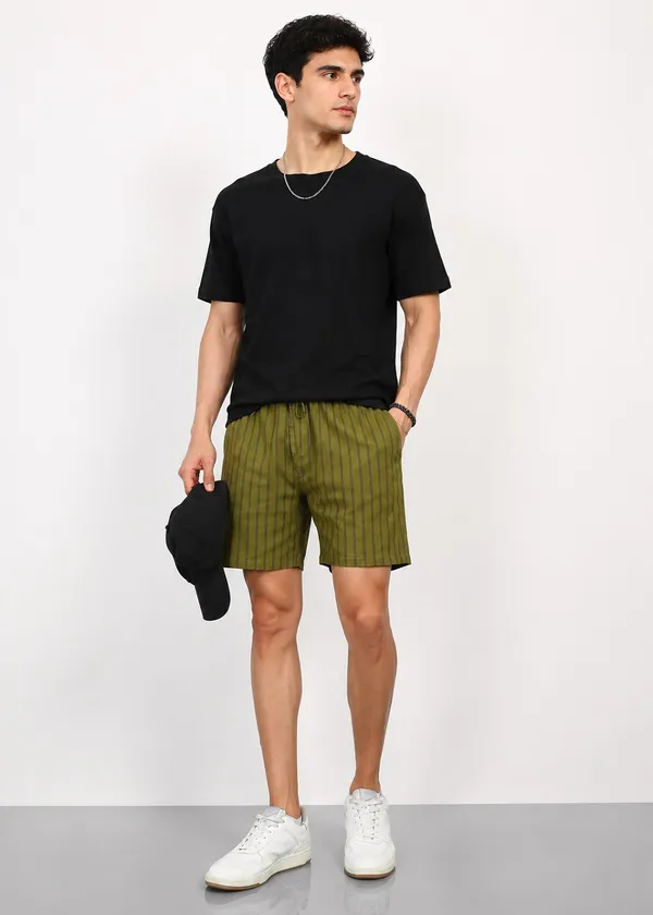 Olive_Green_Vertical_Stripe_Drawstring_Shorts_for_Men