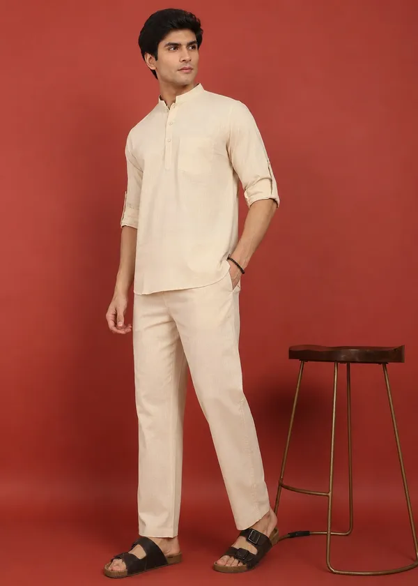 Beige___Mandarin_Collar_Kurta_Pyjama_Set_for_Men