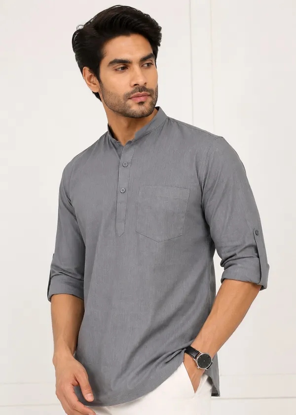 Grey___Mandarin_Collar_Casual_Short_Kurta_for_Men