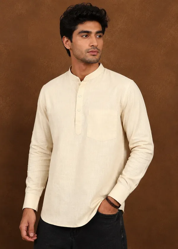 Beige___Mandarin_Collar_Short_Kurta_for_Men