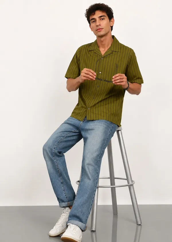 Olive_Green_Striped_Short_Sleeve_Shirt_for_Men