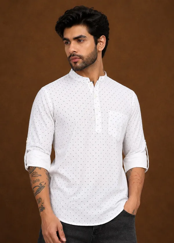 White___Dobby_Mandarin_Collar_Kurta_for_Men