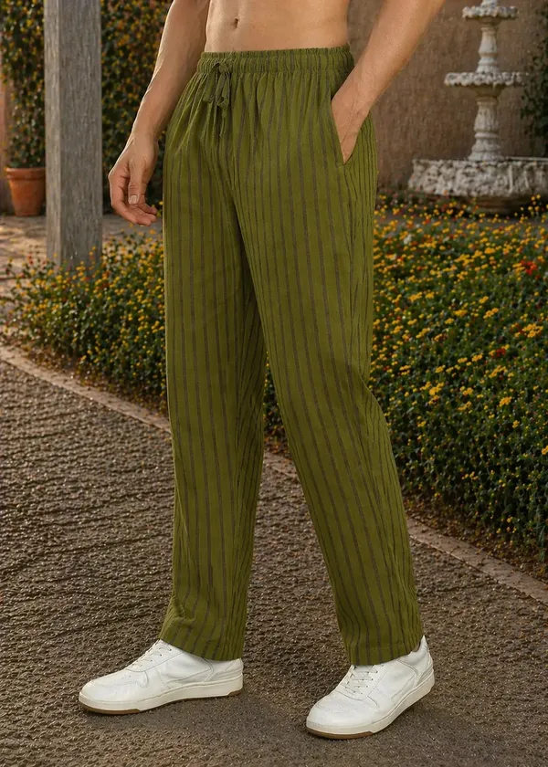 Olive_Green_Striped___Drawstring_Pants_for_Men