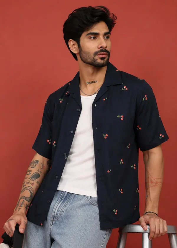Navy_Blue_Cherry_Printed_Short_Sleeve_Casual_Shirt_for_Men