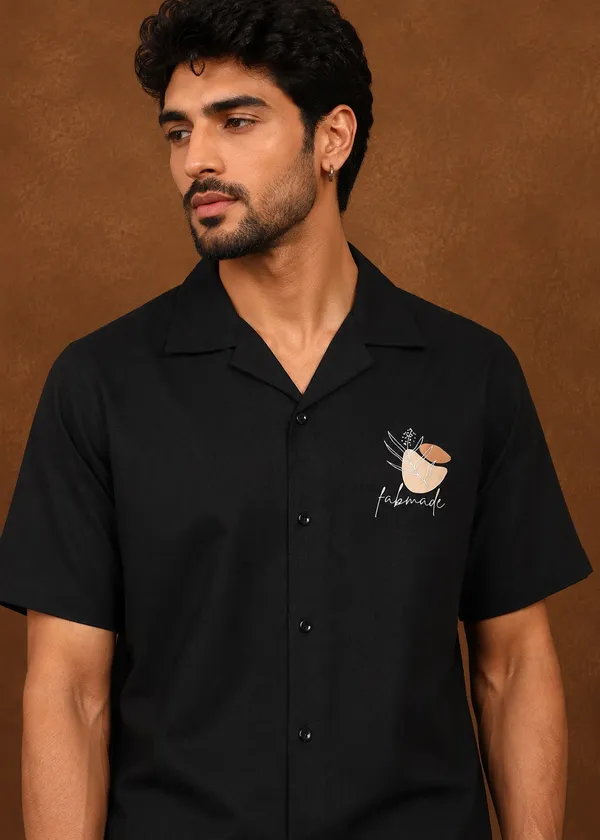 Black_Handmade_printed_Shirt_And_Shorts_Set_For_Men