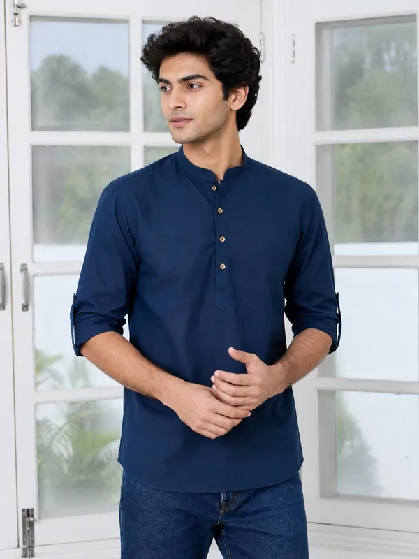 Navy_Blue___Mandarin_Collar_Short_Kurta_for_Men