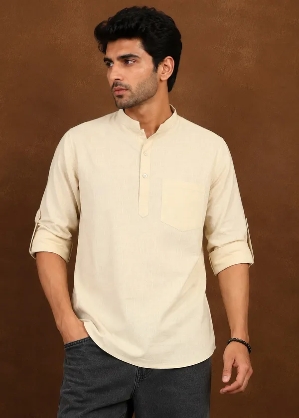 Beige___Mandarin_Collar_Short_Kurta_for_Men