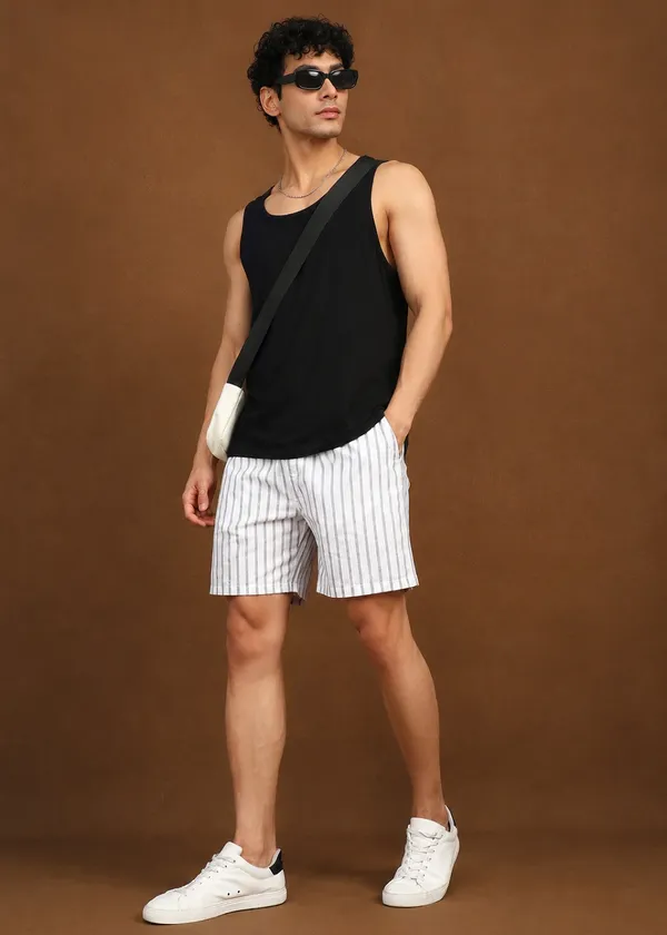 White_And_Grey_Striped_Drawstring_Shorts_For_Men