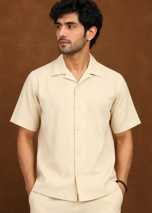 Cream_Linen_Short_Sleeve_Shirt_And_Trouser_Co-Ord_Set_For_Men