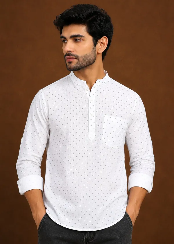 White___Dobby_Mandarin_Collar_Kurta_for_Men