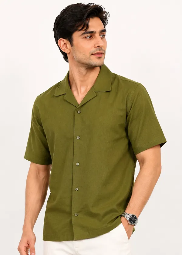 Olive_Green_Linen_Short_Sleeve_Shirt_for_Men