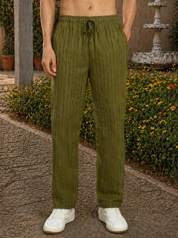 Olive_Green_Striped___Drawstring_Pants_for_Men