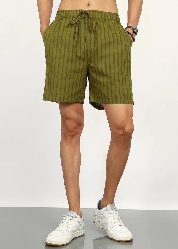 Olive_Green_Vertical_Stripe_Drawstring_Shorts_for_Men