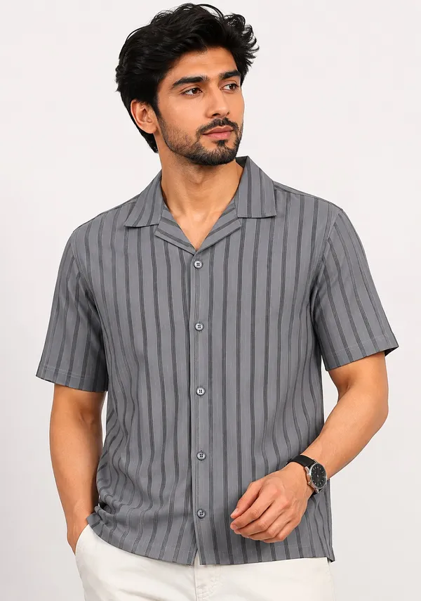 Grey_Striped_Short_Sleeve_Shirt_for_Men