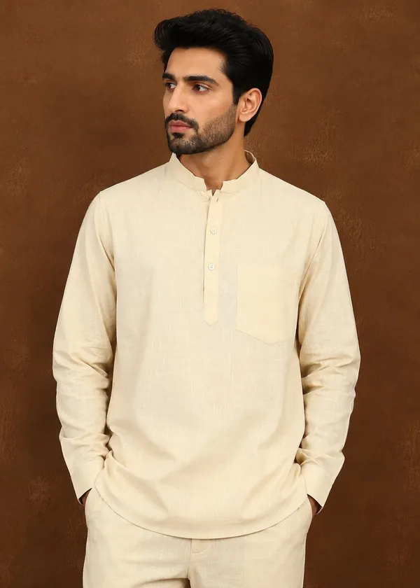Beige___Mandarin_Collar_Kurta_Pyjama_Set_for_Men