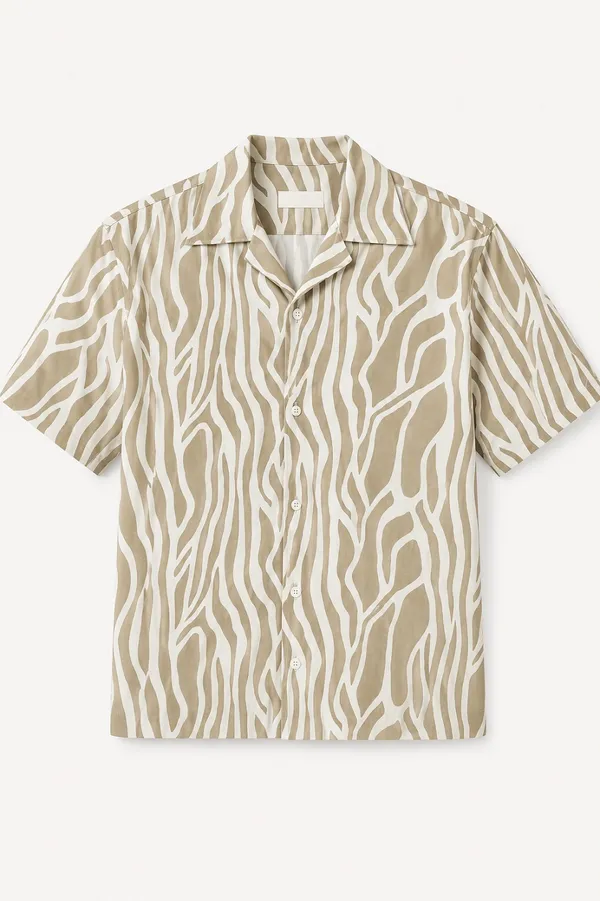 Beige_And_White_Wavy_Striped_Short_Sleeve_Shirt_For_Men