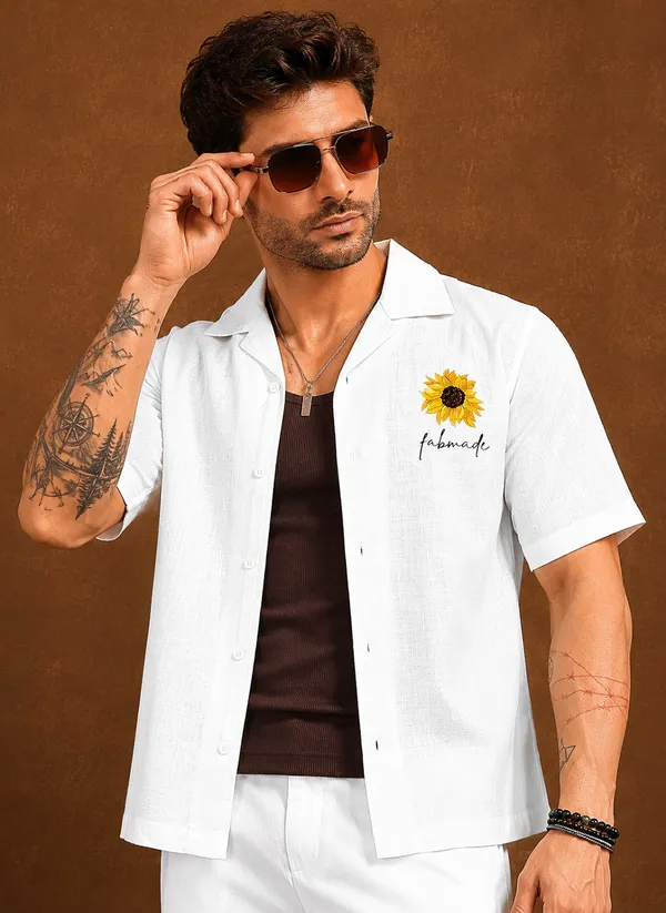 White_Linen_Sunflower_printed_Short_Sleeve_Shirt_for_Men