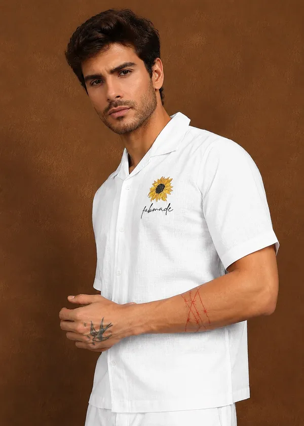 White_Linen_Sunflower_printed_Short_Sleeve_Shirt_for_Men