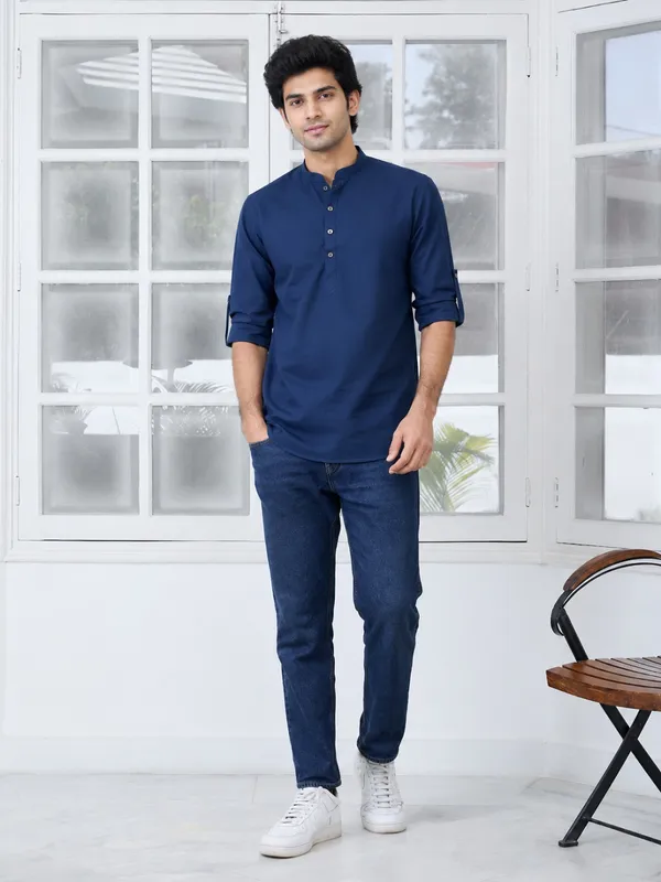 Navy_Blue___Mandarin_Collar_Short_Kurta_for_Men