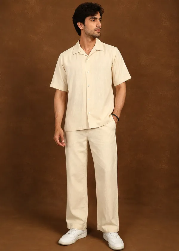 Cream_Linen_Short_Sleeve_Shirt_And_Trouser_Co-Ord_Set_For_Men
