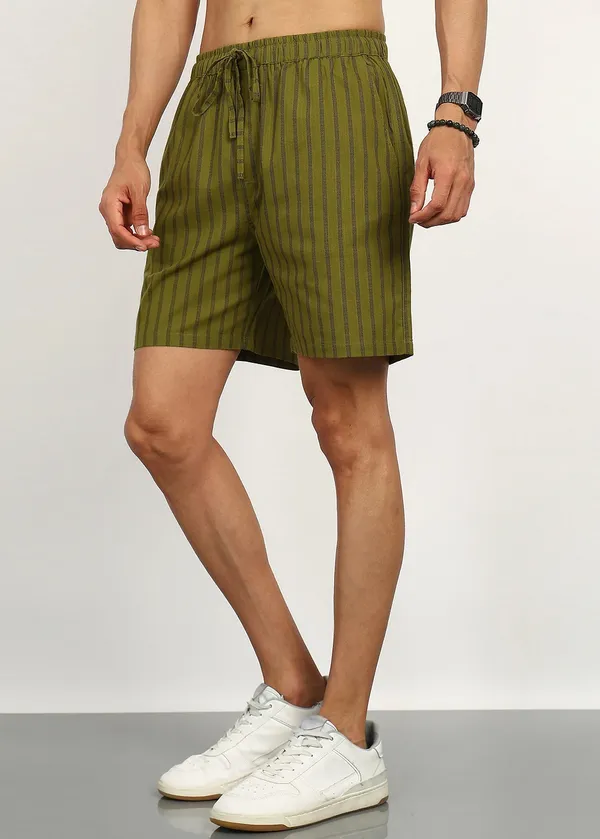 Olive_Green_Vertical_Stripe_Drawstring_Shorts_for_Men