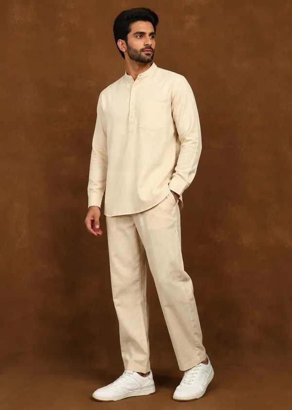 Beige___Mandarin_Collar_Kurta_Pyjama_Set_for_Men