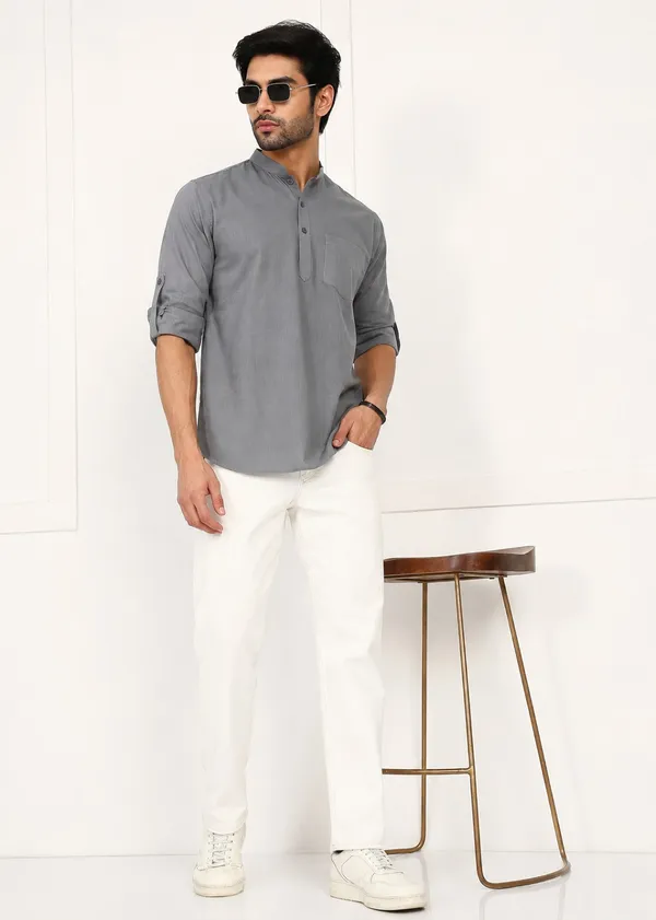 Grey___Mandarin_Collar_Casual_Short_Kurta_for_Men